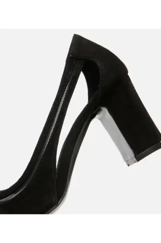 Women's Suede Black Transparent Detailed Chunky Heel Shoes-BLACK - 5