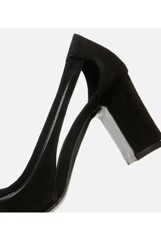 Women's Suede Black Transparent Detailed Chunky Heel Shoes-BLACK - 5