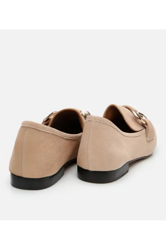 Women's Suede Leather Beige Buckle Daily Loafer-TAN - 6