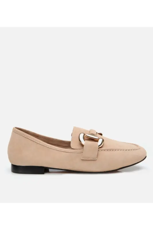 Women's Suede Leather Beige Buckle Daily Loafer-TAN - HOTIÇ