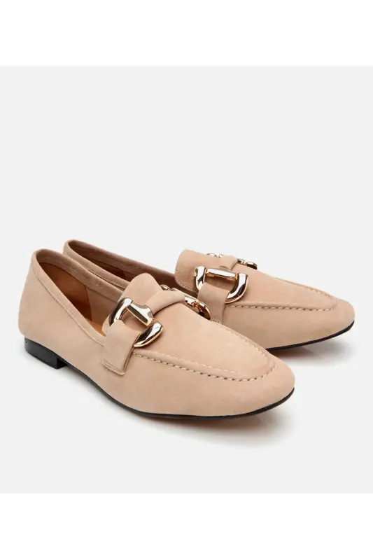 Women's Suede Leather Beige Buckle Daily Loafer-TAN - 2