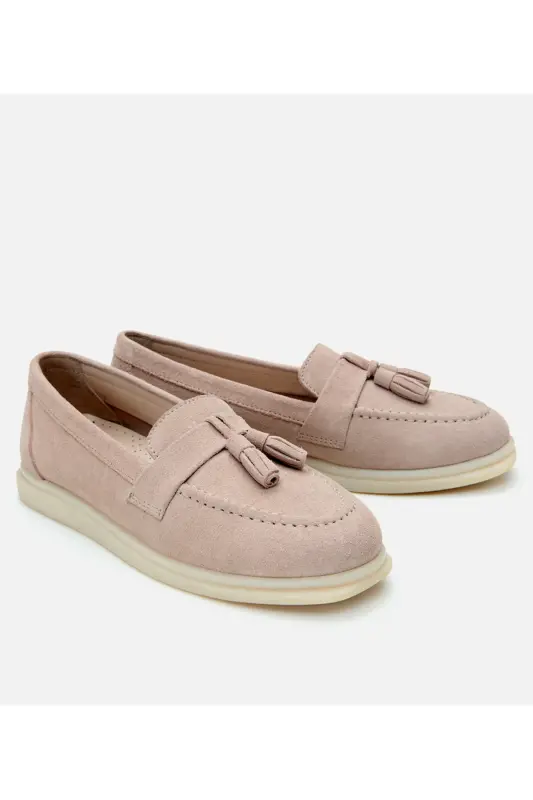 Women's Suede Leather Beige Tassel Daily Loafer-BEIGE - 2