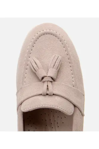 Women's Suede Leather Beige Tassel Daily Loafer-BEIGE - 5