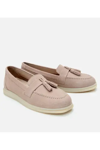 Women's Suede Leather Beige Tassel Daily Loafer-BEIGE - HOTIÇ (1)