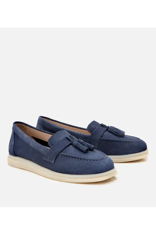 Women's Suede Leather Blue Tassel Loafer - 2