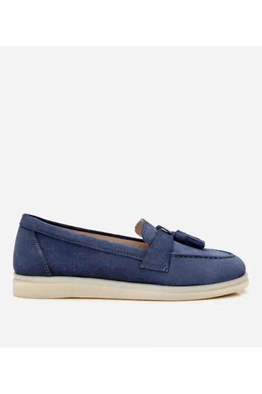 Women's Suede Leather Blue Tassel Loafer - Hotiç