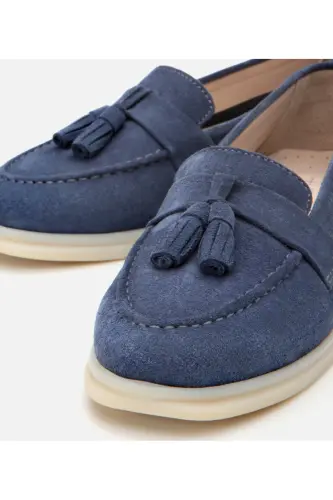 Women's Suede Leather Blue Tassel Loafer - 3