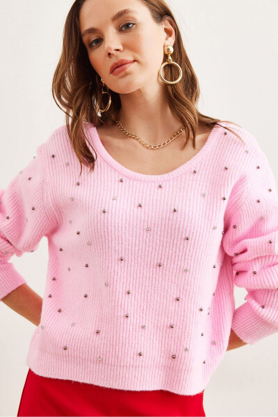 Women's Sugar Pink Front Back Boat Neck Pearl Stone Detailed Knitted Sweater KZK-19000879 - 3