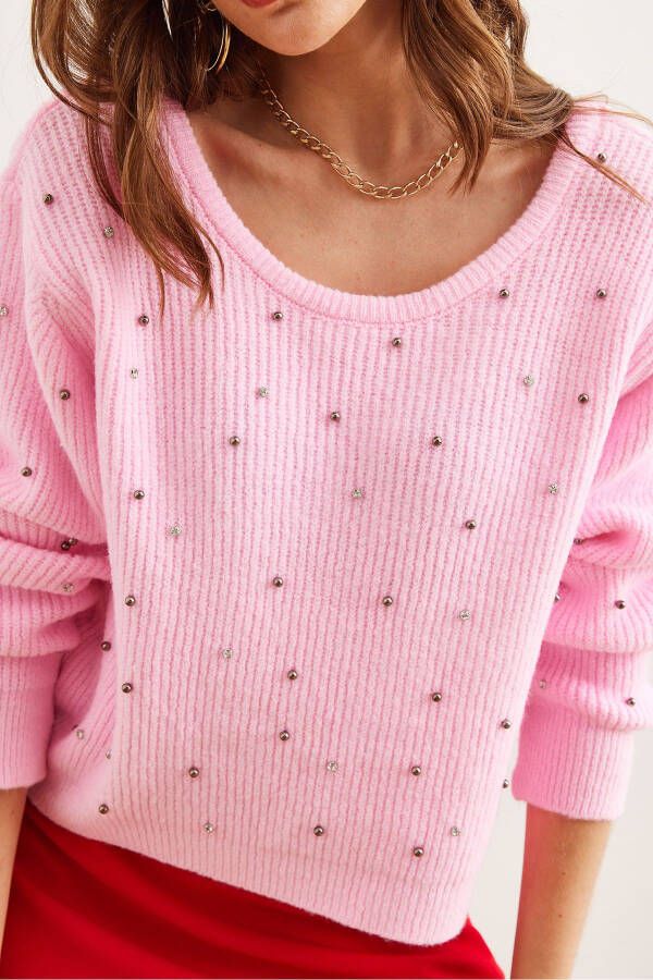 Women's Sugar Pink Front Back Boat Neck Pearl Stone Detailed Knitted Sweater KZK-19000879 - 5