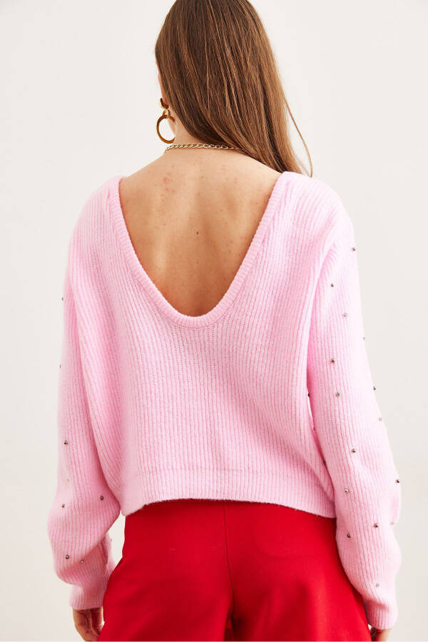 Women's Sugar Pink Front Back Boat Neck Pearl Stone Detailed Knitted Sweater KZK-19000879 - 6