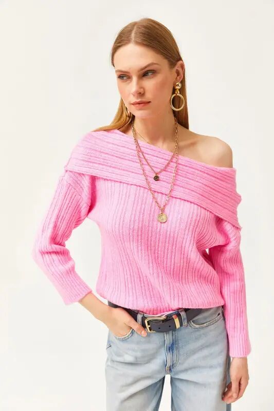 Women's Sugar Pink Madonna Collar Soft Textured Knit Sweater KZK-19000708 - Sugar Pink - 2