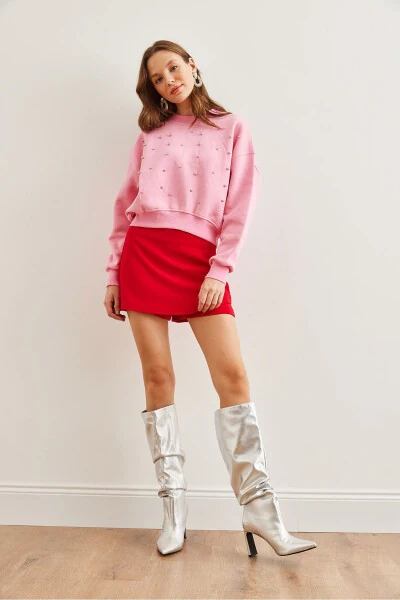 Women's Sugar Pink Pearl Detailed Thistle Crop Oversized Sweatshirt SWT-19000663 - 2