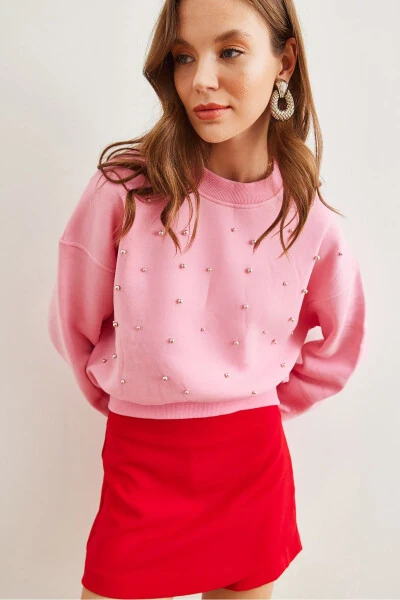 Women's Sugar Pink Pearl Detailed Thistle Crop Oversized Sweatshirt SWT-19000663 - 4