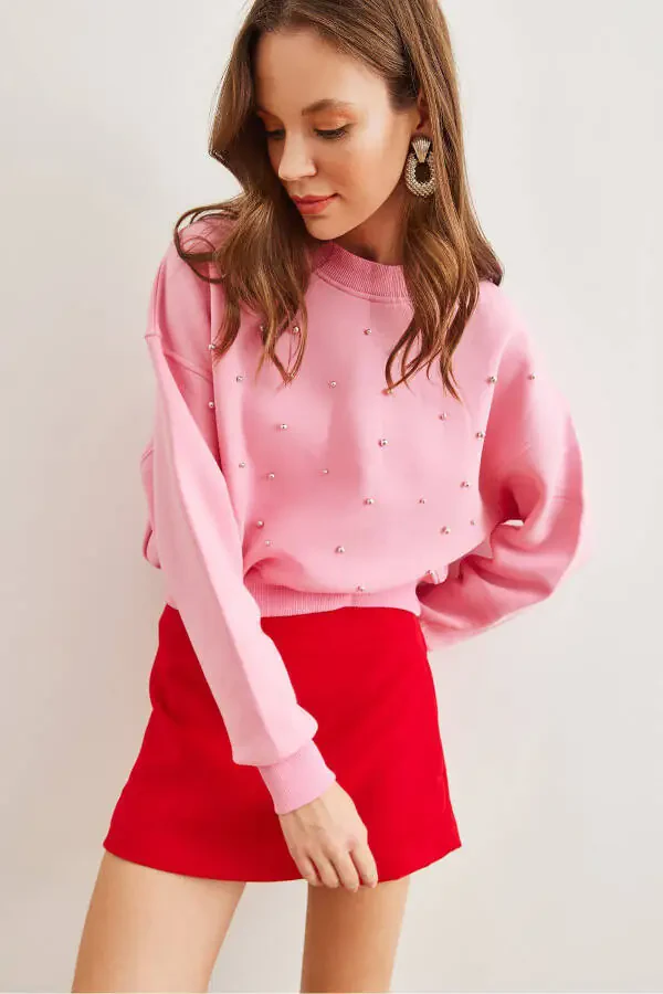 Women's Sugar Pink Pearl Detailed Thistle Crop Oversized Sweatshirt SWT-19000663 - 5