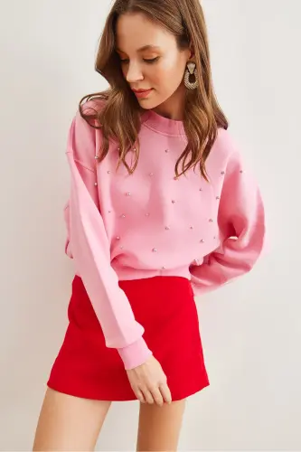 Women's Sugar Pink Pearl Detailed Thistle Crop Oversized Sweatshirt SWT-19000663 - 6
