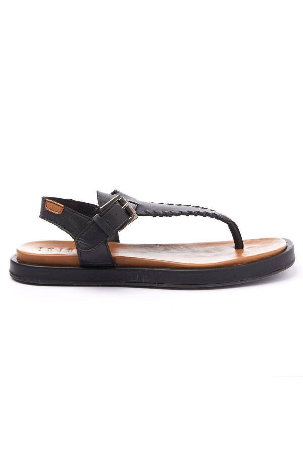 Women's summer sandals, black genuine leather, thong sole, coffee leather ankle strap. - 2