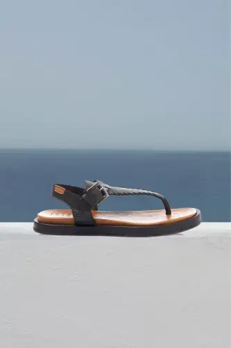 Women's summer sandals, black genuine leather, thong sole, coffee leather ankle strap. - DERIDERIM (1)