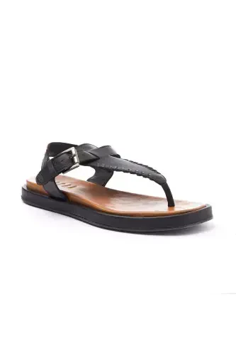 Women's summer sandals, black genuine leather, thong sole, coffee leather ankle strap. - 3