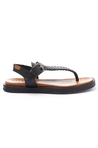 Women's summer sandals, black genuine leather, thong sole, coffee leather ankle strap. - 3