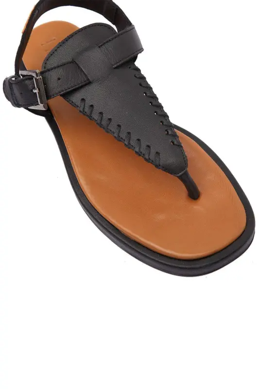 Women's summer sandals, black genuine leather, thong sole, coffee leather ankle strap. - 4