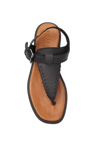 Women's summer sandals, black genuine leather, thong sole, coffee leather ankle strap. - 5