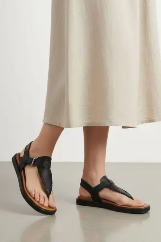 Women's summer sandals, black genuine leather, thong sole, coffee leather ankle strap. - 7