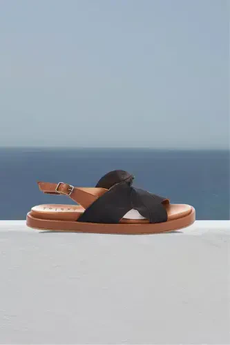 Women's summer sandals, black suede sole, brown soft genuine leather, ankle strap. - DERIDERIM (1)