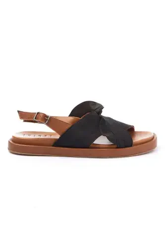 Women's summer sandals, black suede sole, brown soft genuine leather, ankle strap. - 4