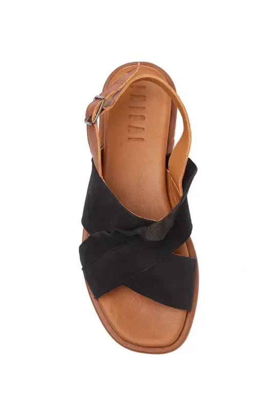 Women's summer sandals, black suede sole, brown soft genuine leather, ankle strap. - 5