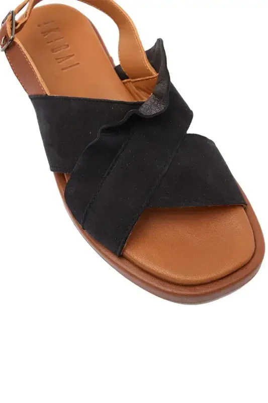 Women's summer sandals, black suede sole, brown soft genuine leather, ankle strap. - 6