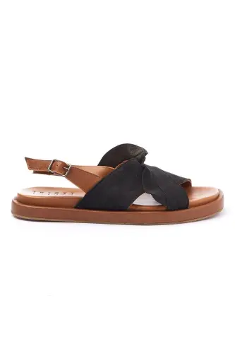 Women's summer sandals, black suede sole, brown soft genuine leather, ankle strap. - DERIDERIM (1)