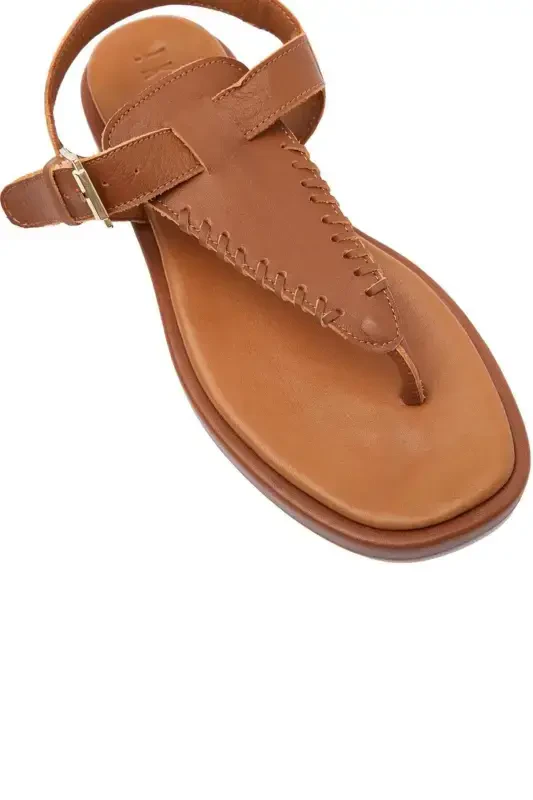 Women's summer sandals, genuine leather thong sole, coffee leather, ankle strap. - 3