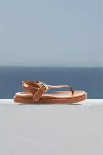 Women's summer sandals, genuine leather thong sole, coffee leather, ankle strap. - 6