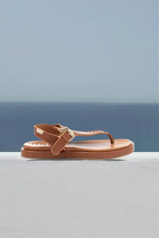 Women's summer sandals, genuine leather thong sole, coffee leather, ankle strap. - 6