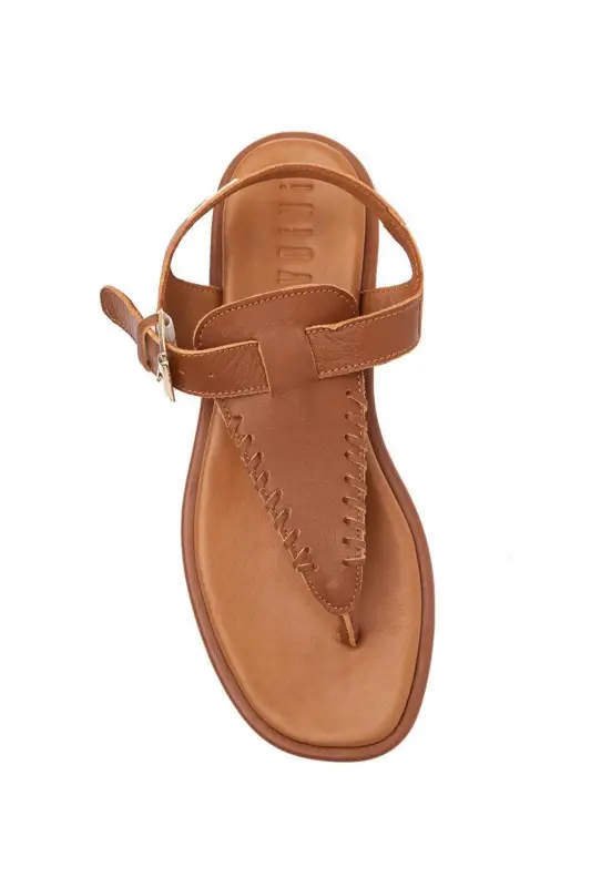 Women's summer sandals, genuine leather thong sole, coffee leather, ankle strap. - 4