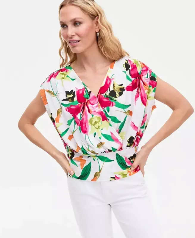 Women's Surplice V-Neck Top, Exclusively at Modazone - Leena Bouquet - I.N.C. INTERNATIONAL CONCEPTS