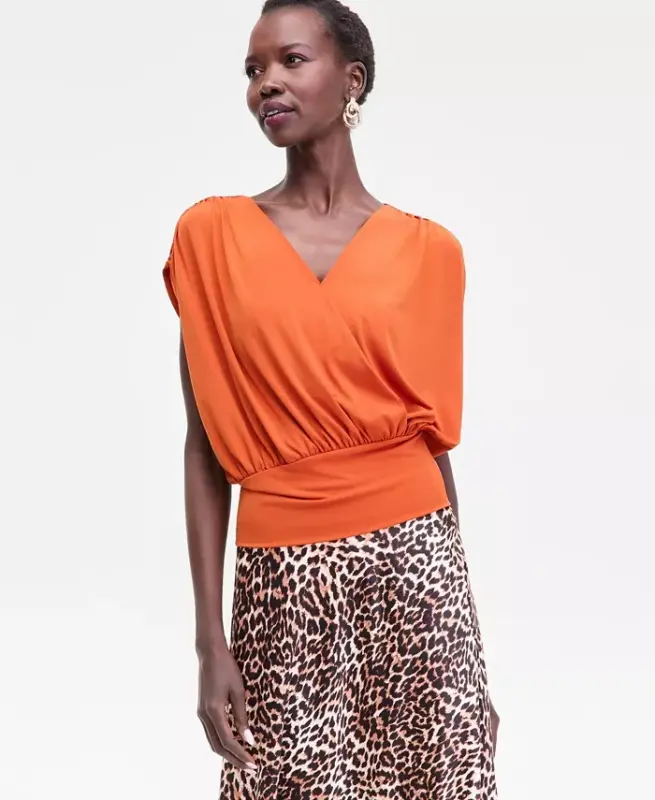 Women's Surplice V-Neck Top, Exclusively at Modazone - Orange Dew - I.N.C. INTERNATIONAL CONCEPTS