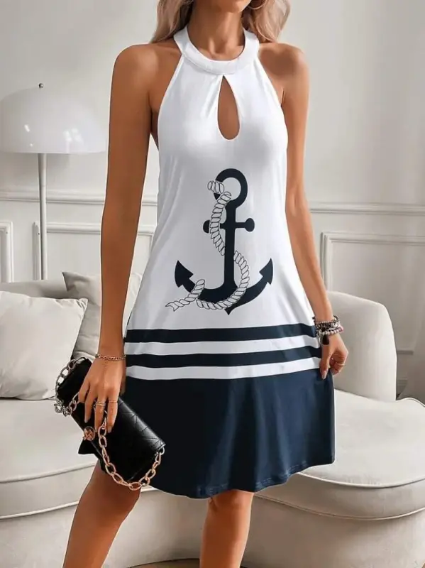 Women's Suspender Anchor Print Backless Short Supima Dress - 1