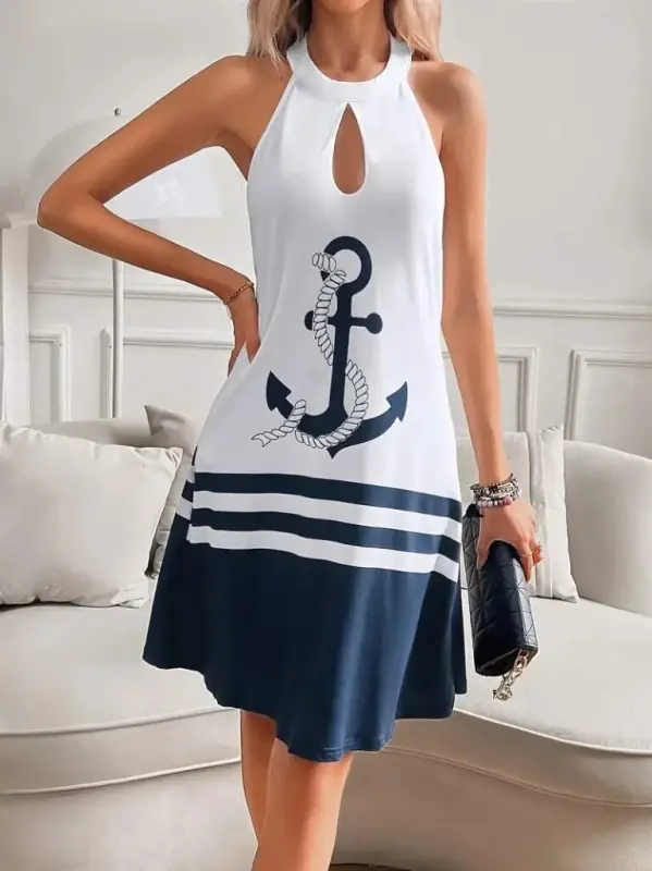 Women's Suspender Anchor Print Backless Short Supima Dress - 2