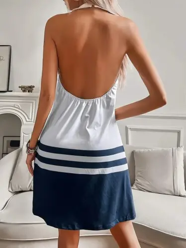 Women's Suspender Anchor Print Backless Short Supima Dress - 3