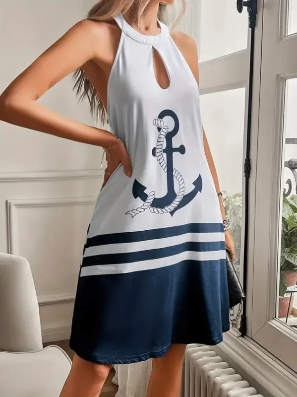 Women's Suspender Anchor Print Backless Short Supima Dress - 4