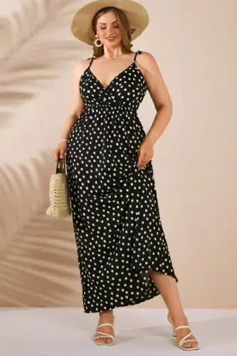 Women's Suspender Strap Elastic Waist Polka Dot Summer Dress Black GLS15 - BÜYÜKBEDENIZ (1)