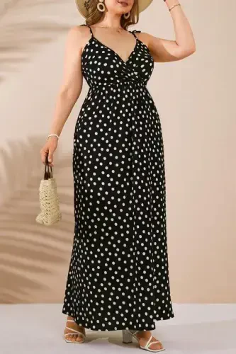 Women's Suspender Strap Elastic Waist Polka Dot Summer Dress Black GLS15 - 3