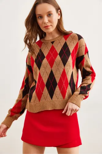 Women's Tan Baklava Patterned Crop Knit Sweater KZK-19000910-Tan - 1