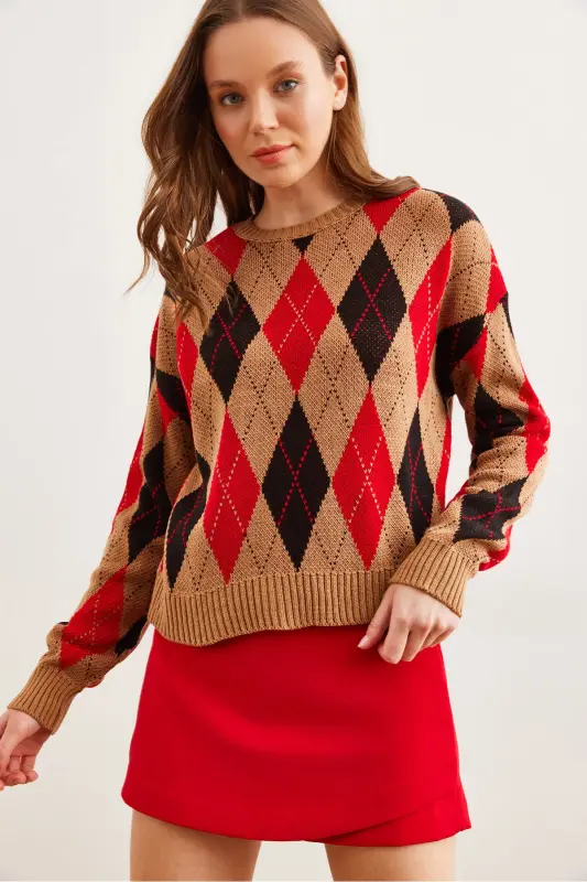 Women's Tan Baklava Patterned Crop Knit Sweater KZK-19000910-Tan - 1