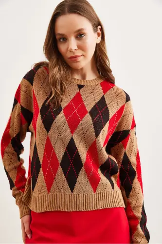 Women's Tan Baklava Patterned Crop Knit Sweater KZK-19000910-Tan - 5