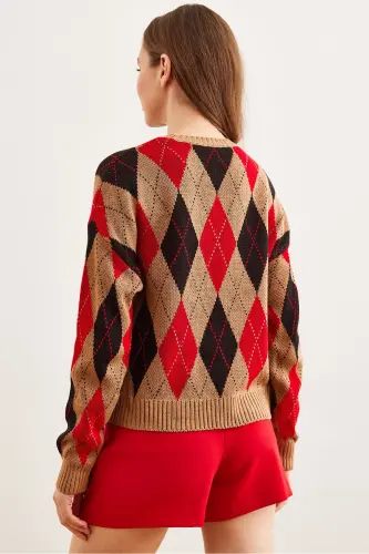 Women's Tan Baklava Patterned Crop Knit Sweater KZK-19000910-Tan - 7