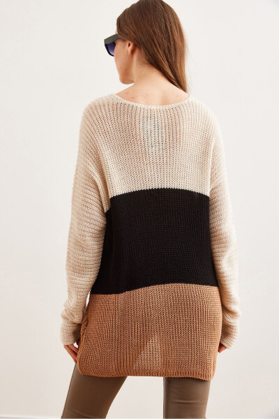 Women's Tan Black Color Block Striped Knit Sweater KZK-19000920 - 6