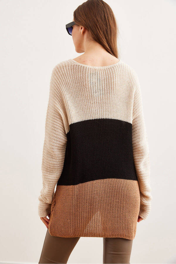 Women's Tan Black Color Block Striped Knit Sweater KZK-19000920 - 6