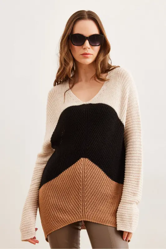 Women's Tan Black Color Block Striped Knit Sweater KZK-19000920 - 3